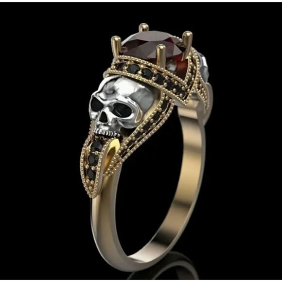 Men's Gold Red Stone Double Silver Carved Skull Ring Women's Thumb Ring Size 10 - Picture 4 of 10